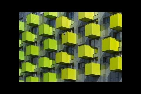 Coloured glass blocks that give each of the 200 apartments a geometric balcony